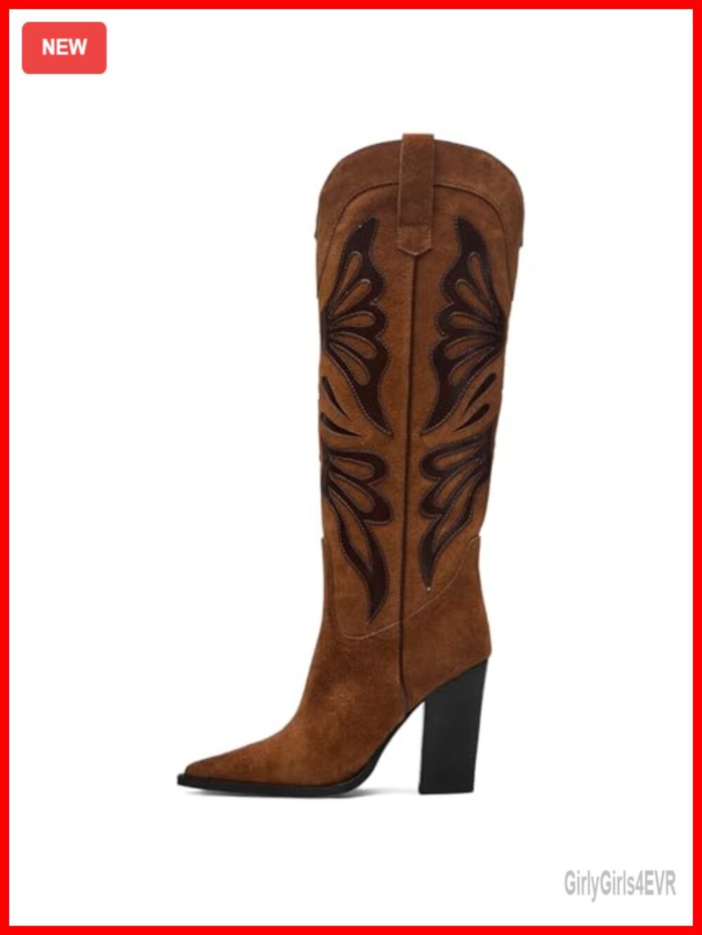 Cowboy Boots Women Pointed Toe Chunky Heel Wide Calf Knee High Leather Cowgirl
